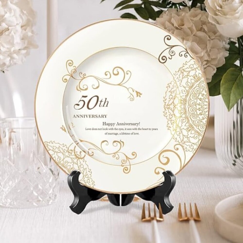50TH ANNIVERSARY WEDDING PLATE, PORCELAIN GOLD PLATE WITH STAND 10 INCH